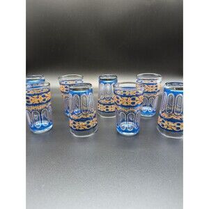 MCM Vintage Moroccan Bohemian Cobalt & Gold Gilt Tea Glasses Set of 8 Fath